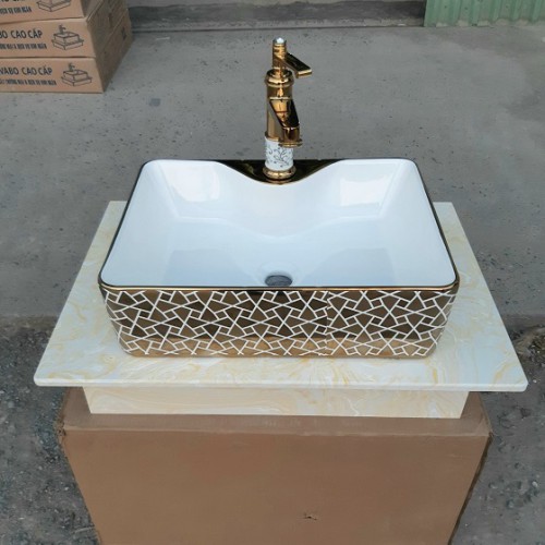 Chậu rửa lavabo nghệ thuật mạ vàng hoa văn Miken MKC-4938GW