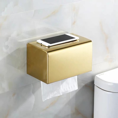 Hộp đựng giấy vệ sinh, giấy lau tay Inox 304 treo tường màu vàng bóng Miken MK-1054GB