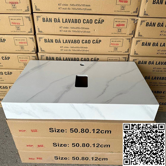 Bàn đá 1 tầng chậu rửa lavabo đá nhân tạo màu trắng vân mây Miken HM-8050W