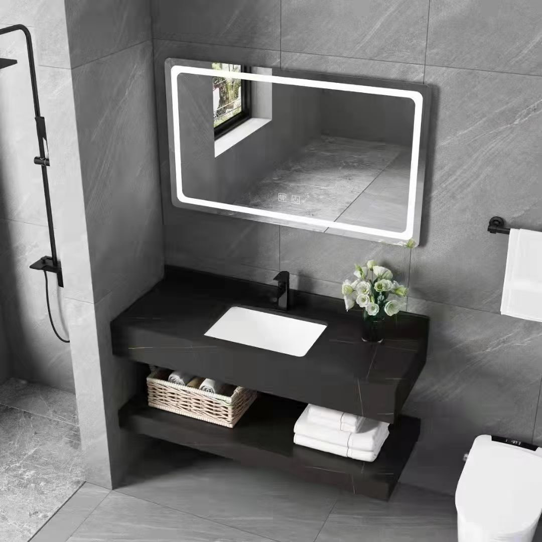 Bộ bàn đá 2 tầng chậu rửa lavabo đá nhân tạo màu ghi vân mây HM-8620GR - Image 5