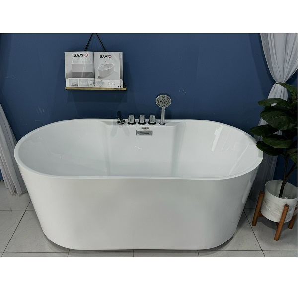 Bồn tắm ngâm đặt sàn hình oval cạnh thẳng SAWO SW5715 có bộ chia nước (Acrylic-1500x750x610mm)