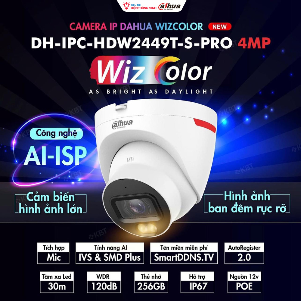Camera DAHUA DH-IPC-HDW2449T-S-PRO (Dome 4MP, liền MIC, Góc siêu rộng, WizColor đêm như ngày) - 2