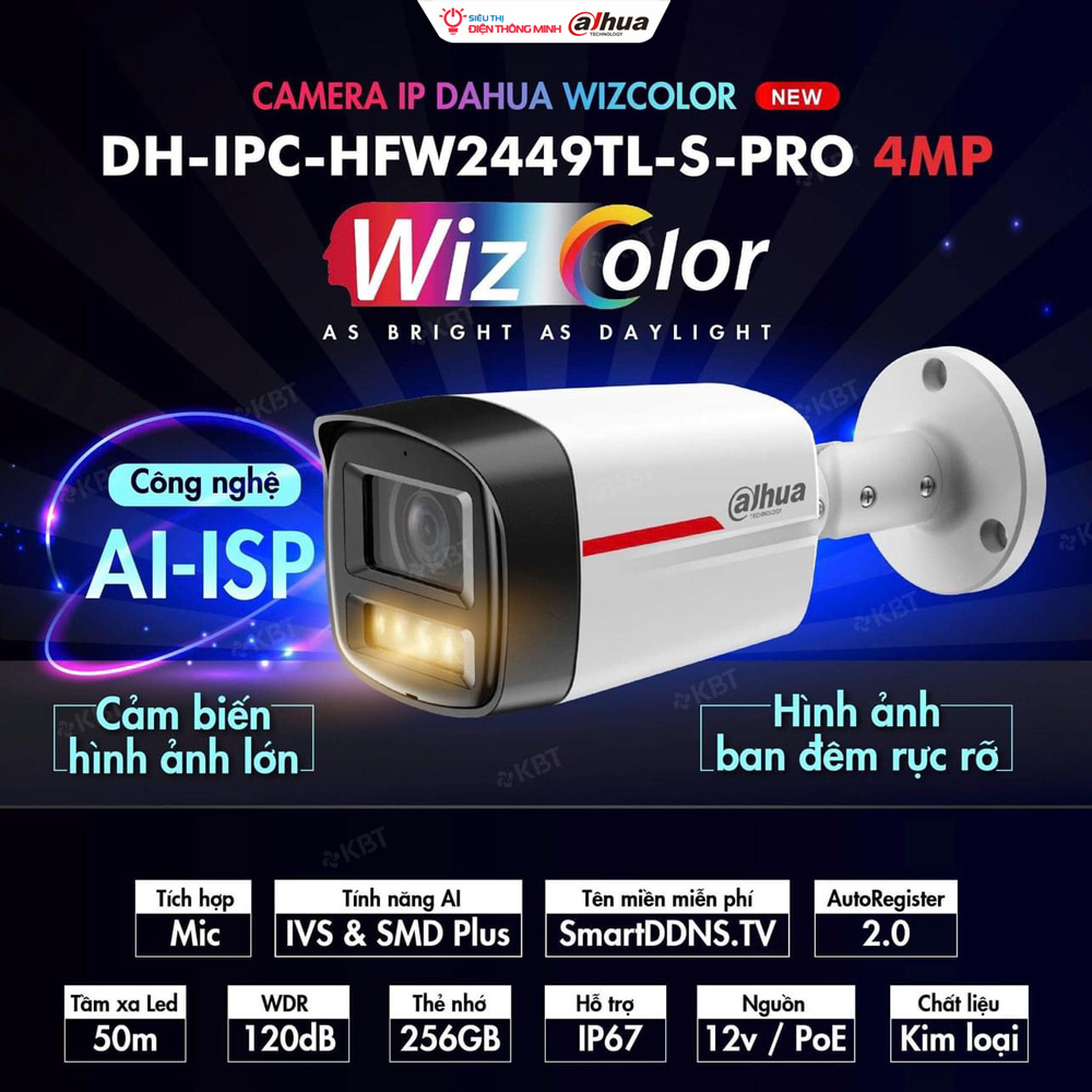 Camera DAHUA DH-IPC-HFW2449TL-S-PRO (Thân 4MP, liền MIC, WizColor đêm như ngày) - 2