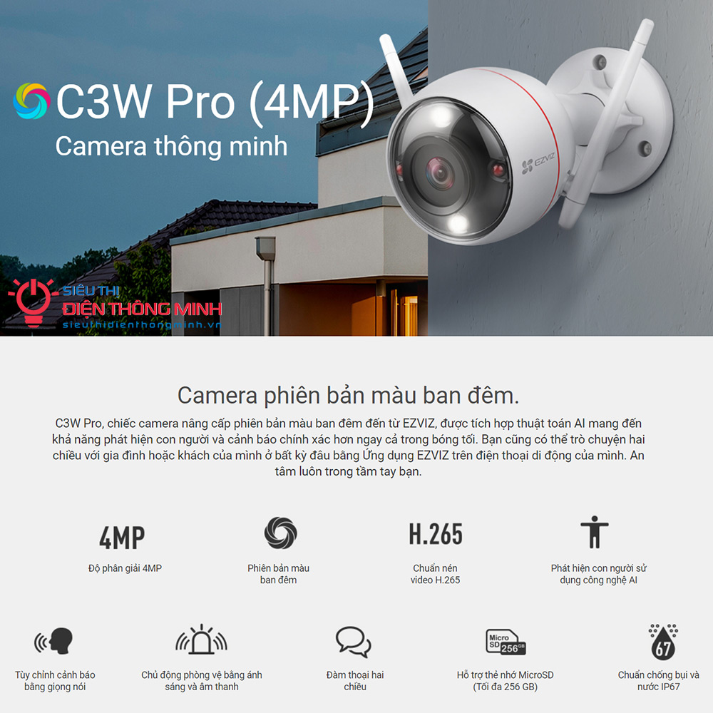 Camera EZVIZ C3W Pro (4MP) (Wifi Thân 4MP, đêm có màu) - 2