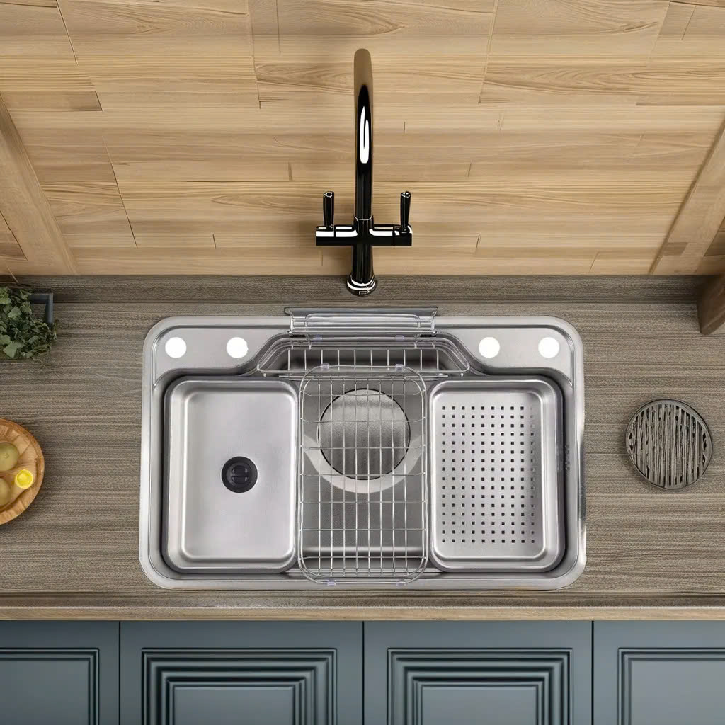 Chậu rửa bát 1 hố chống xước kiểu dáng Nhật Bản bề mặt Linen màu xám ghi Henry 7548 (75x48x22cm) - Image 5