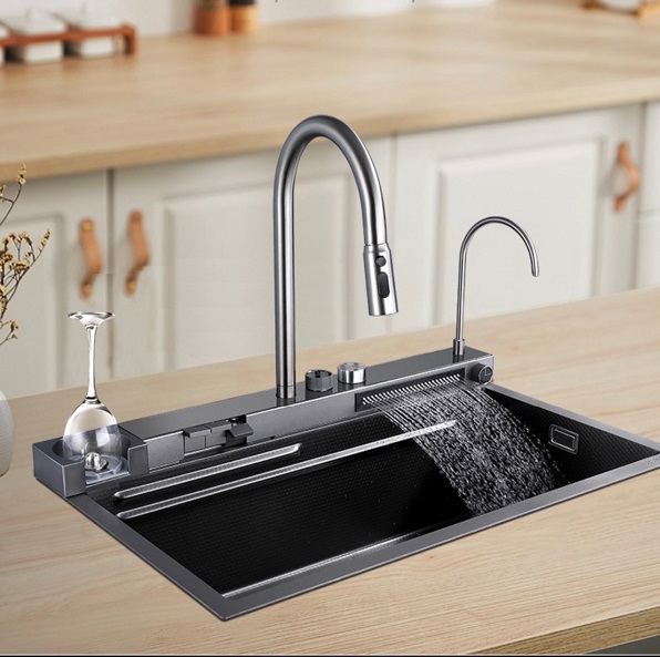 Chậu rửa bát 1 hố chống xước kiểu dáng Nhật Bản bề mặt Linen màu xám ghi Henry 8050 (80x50x22cm) - Image 3