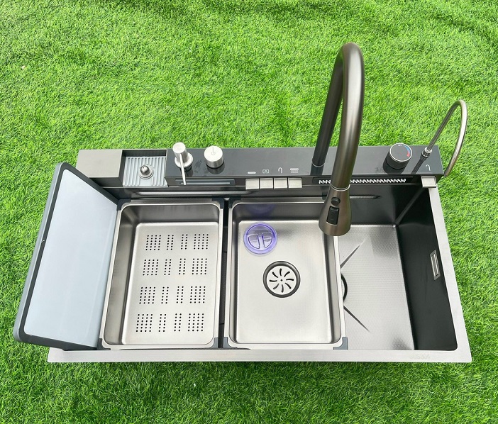 Chậu rửa bát 1 hố màu ghi xám đen đúc Handmade Inox 304 Miken MKRB-6845RB (680x450x230) - Image 5
