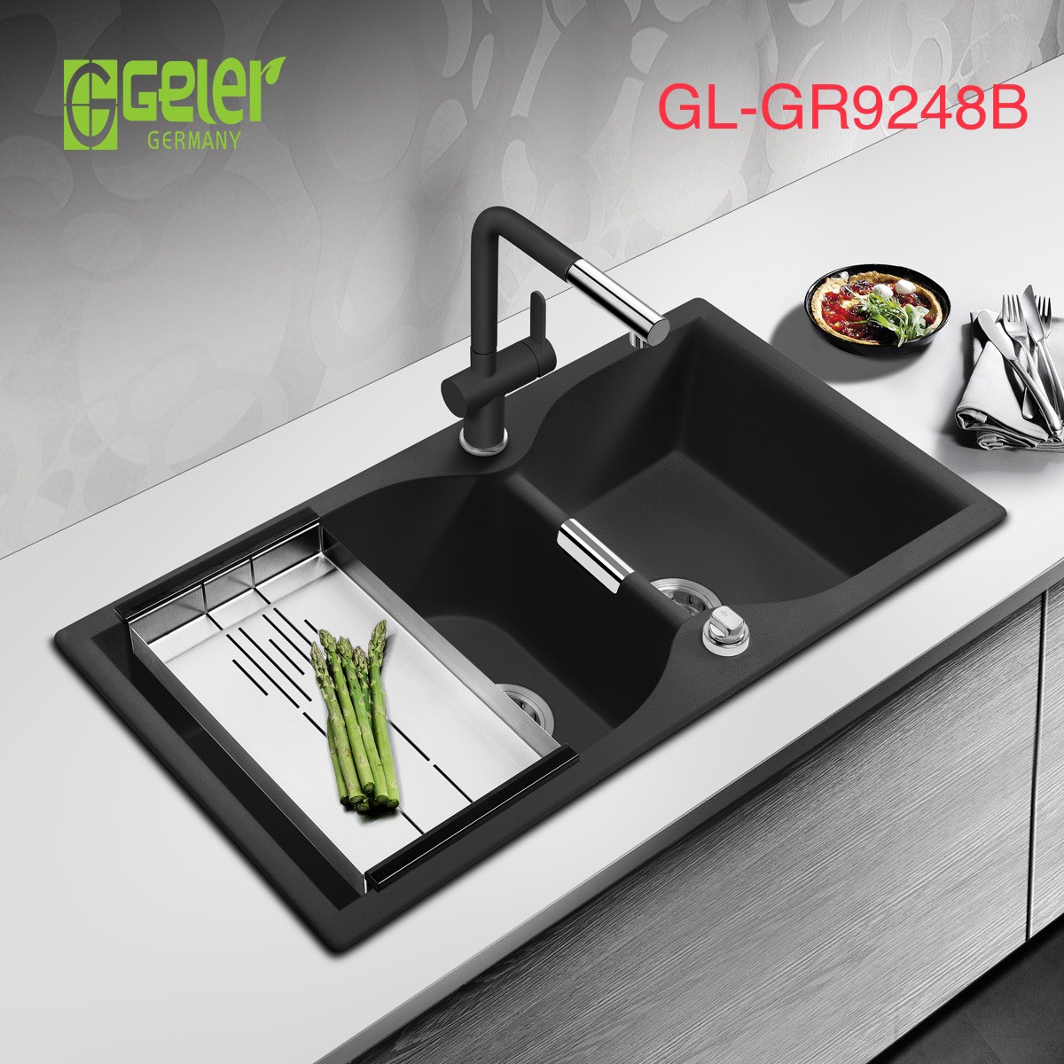 Chậu rửa bát đá 1 hố màu đen Geler GL-GR 8048B (800x480x205mm) - Image 3