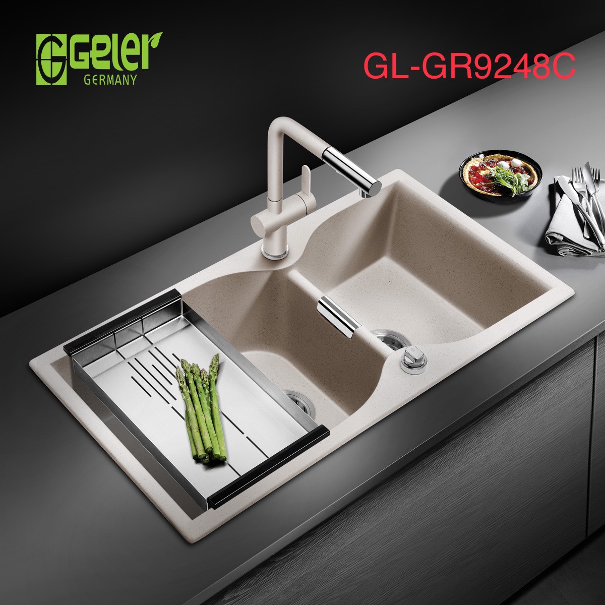 Chậu rửa bát đá 1 hố màu đen Geler GL-GR 8048B (800x480x205mm) - Image 5