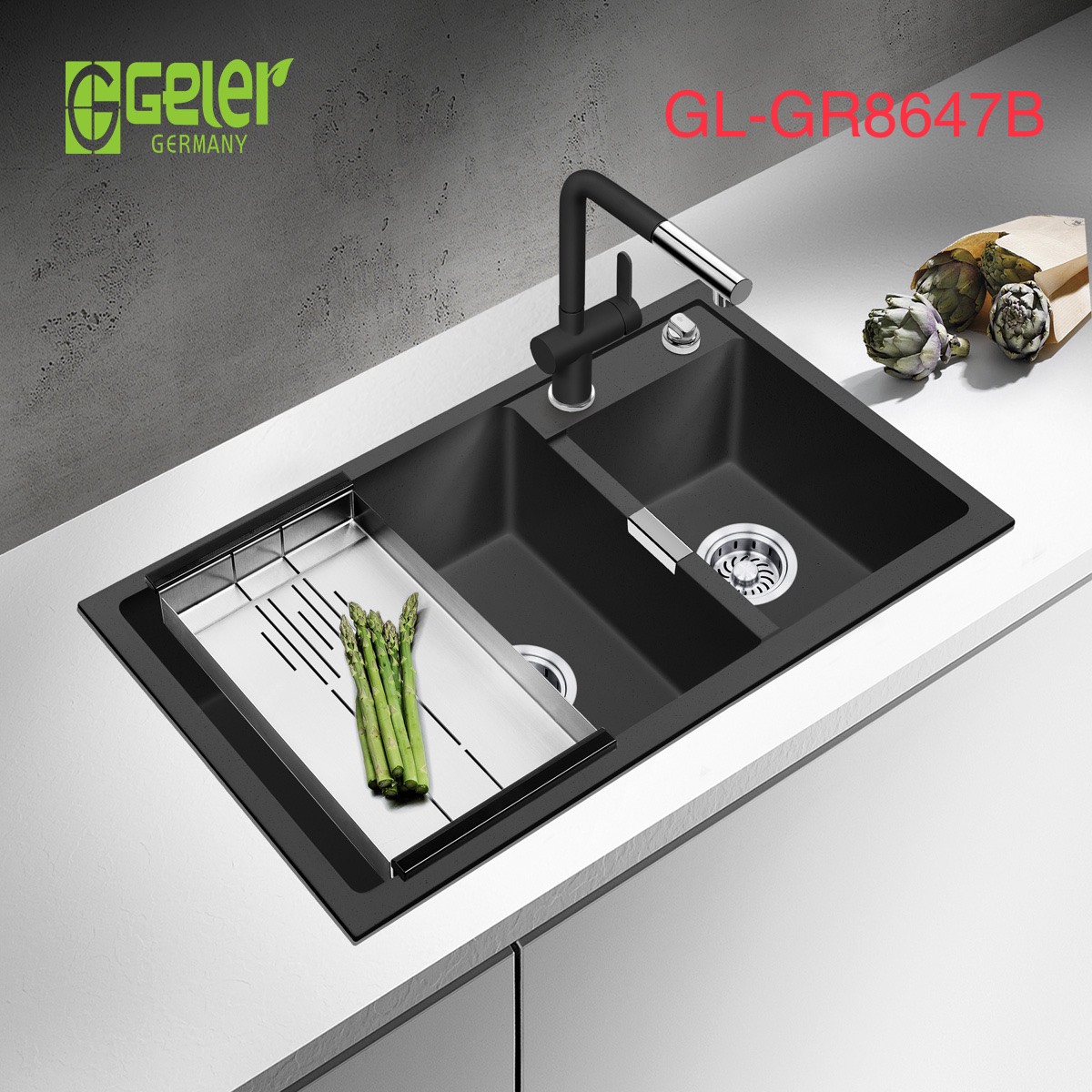 Chậu rửa bát đá 2 hố lệch màu đen Geler GL-GR 8647B (860x470x205mm)
