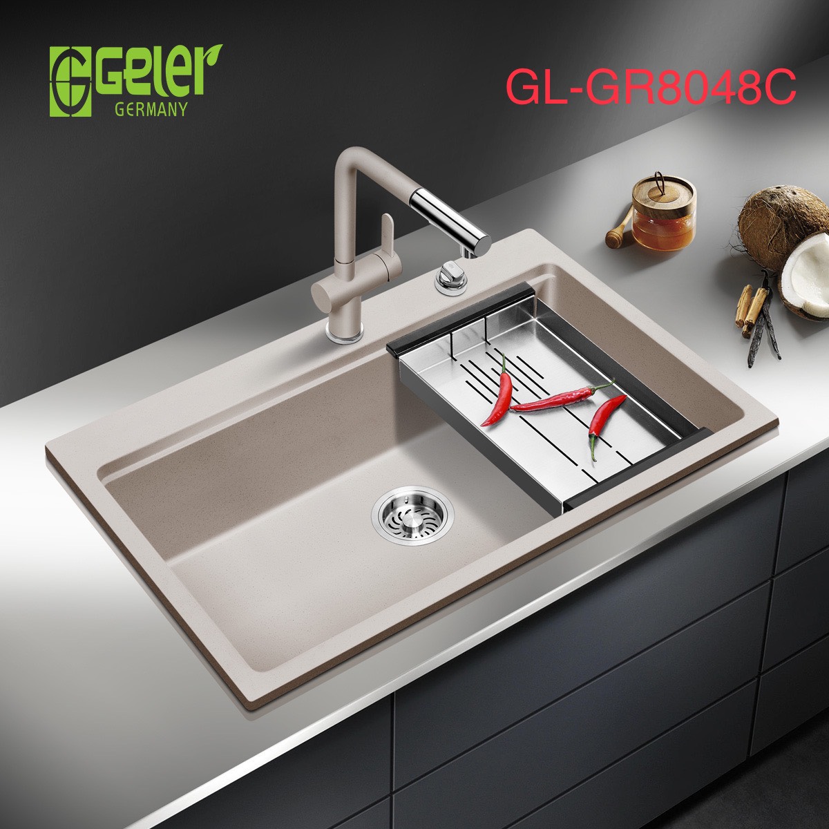 Chậu rửa bát đá 2 hố lệch màu đen Geler GL-GR 8647B (860x470x205mm) - Image 5