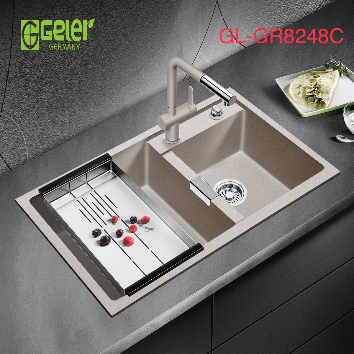 Chậu rửa bát đá 2 hố màu be Geler GL-GR 8248C (820x480x205mm)