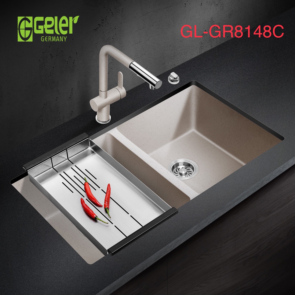 Chậu rửa bát đá 2 hố màu be Geler GL-GR 8248C (820x480x205mm) - Image 5