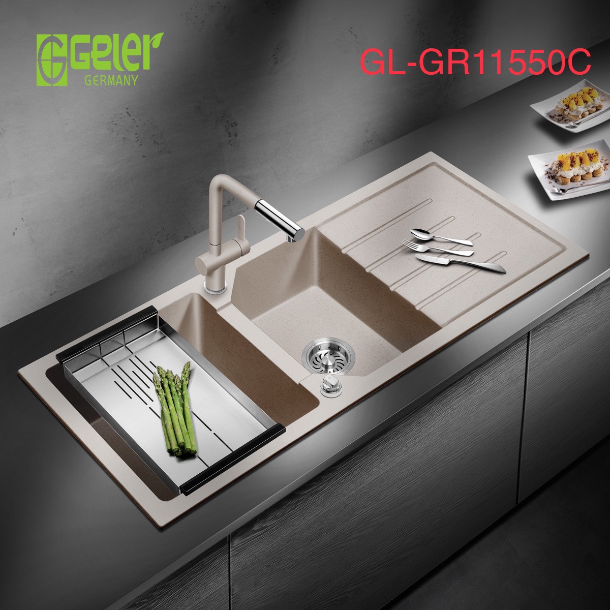 Chậu rửa bát đá 2 hố màu đen Geler GL-GR 805485B (805x405x200mm) - Image 3