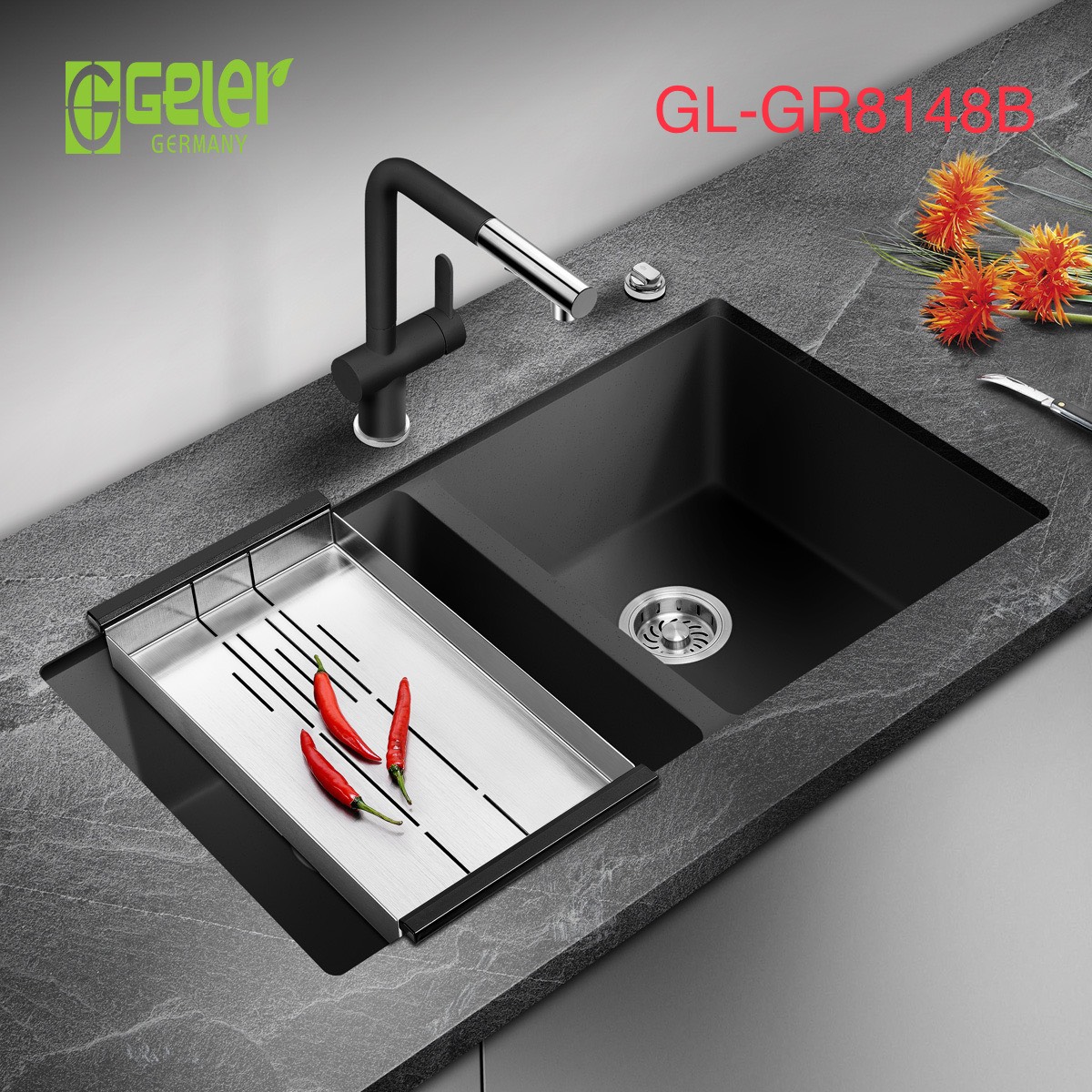 Chậu rửa bát đá 2 hố màu đen Geler GL-GR 9248B (920x490x205mm) - Image 3