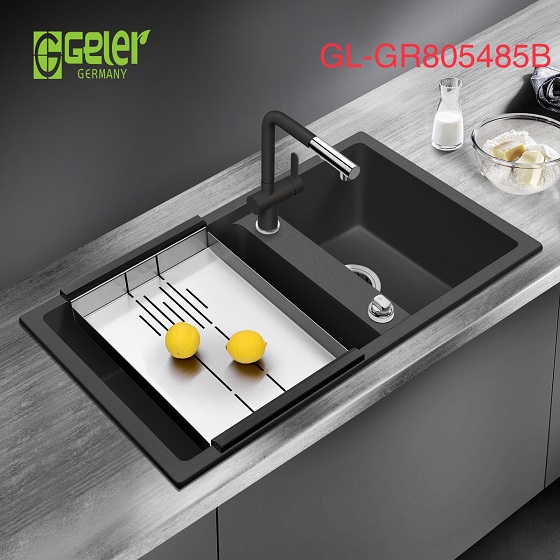 Chậu rửa bát đá 2 hố màu đen Geler GL-GR 9248B (920x490x205mm) - Image 5