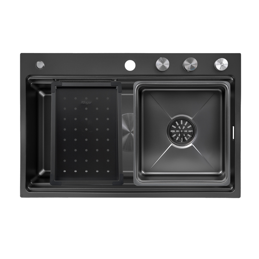 Chậu rửa bát Posco 304 Linen dập nổi màu đen KLUGER KWF8161FB-S76WPlus (760x500x220mm)