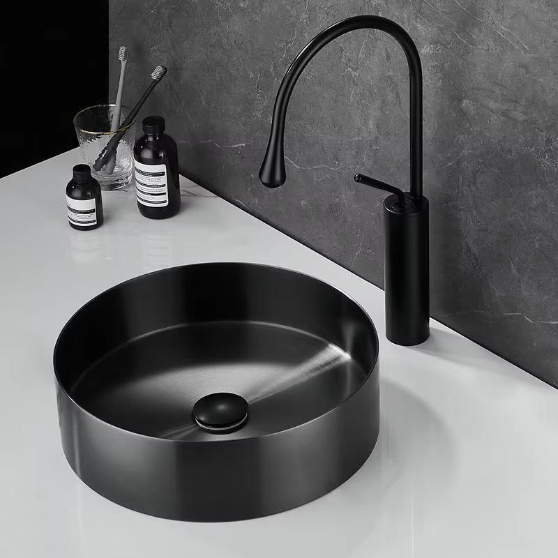 Chậu rửa lavabo hình tròn Inox 304 màu đen Miken MKC-3612BL (380x380x110 / 400x400x130mm)