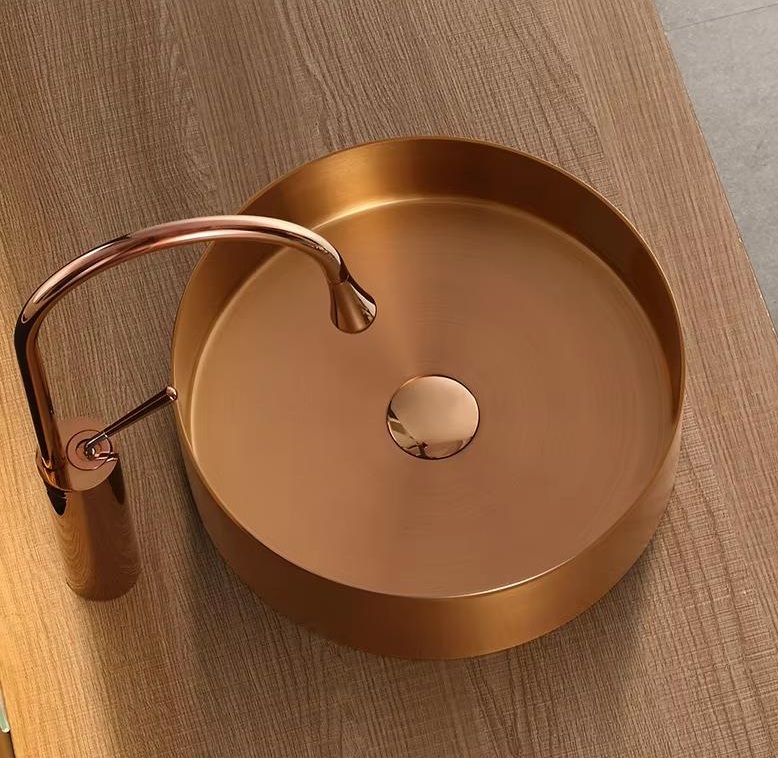 Chậu rửa lavabo hình tròn Inox 304 màu vàng hồng Miken MKC-3612RG (380x380x110 / 400x400x130mm)