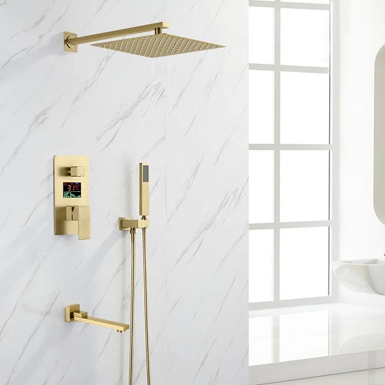 Sen tắm âm tường mạ vàng có hiển thị nhiệt độ Miken HM-50202-B (Lựa chọn vàng bóng hoặc mờ) Bát 40x40cm