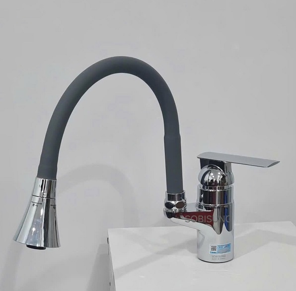 Vòi rửa bát cần mềm nóng lạnh màu ghi Sobisung YJ-2864 Grey